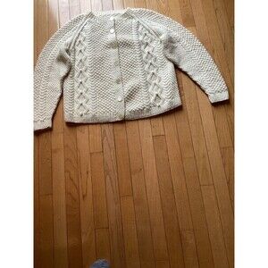 Vtg Hand Knit Cable Fisherman Cardigan Cream Med